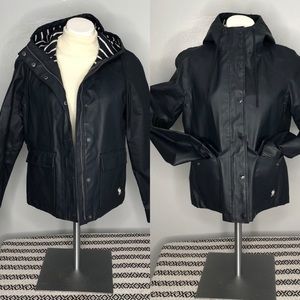 Abercrombie navy faux leather hooded rain coat L